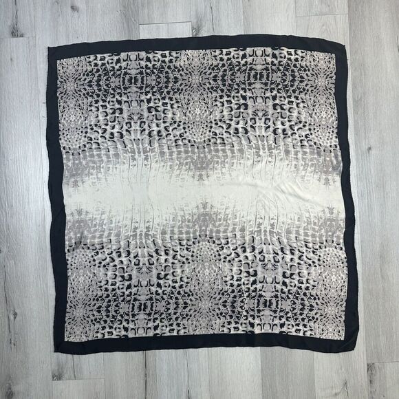 Charmeuse Silk Scarf Square Animal Crocodile Print Black White Beige 34.5” - Picture 1 of 2